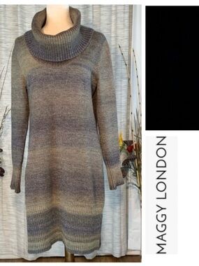 Maggy London blacks/grays/tan striped knit long sleeve turtleneck sweater dress
